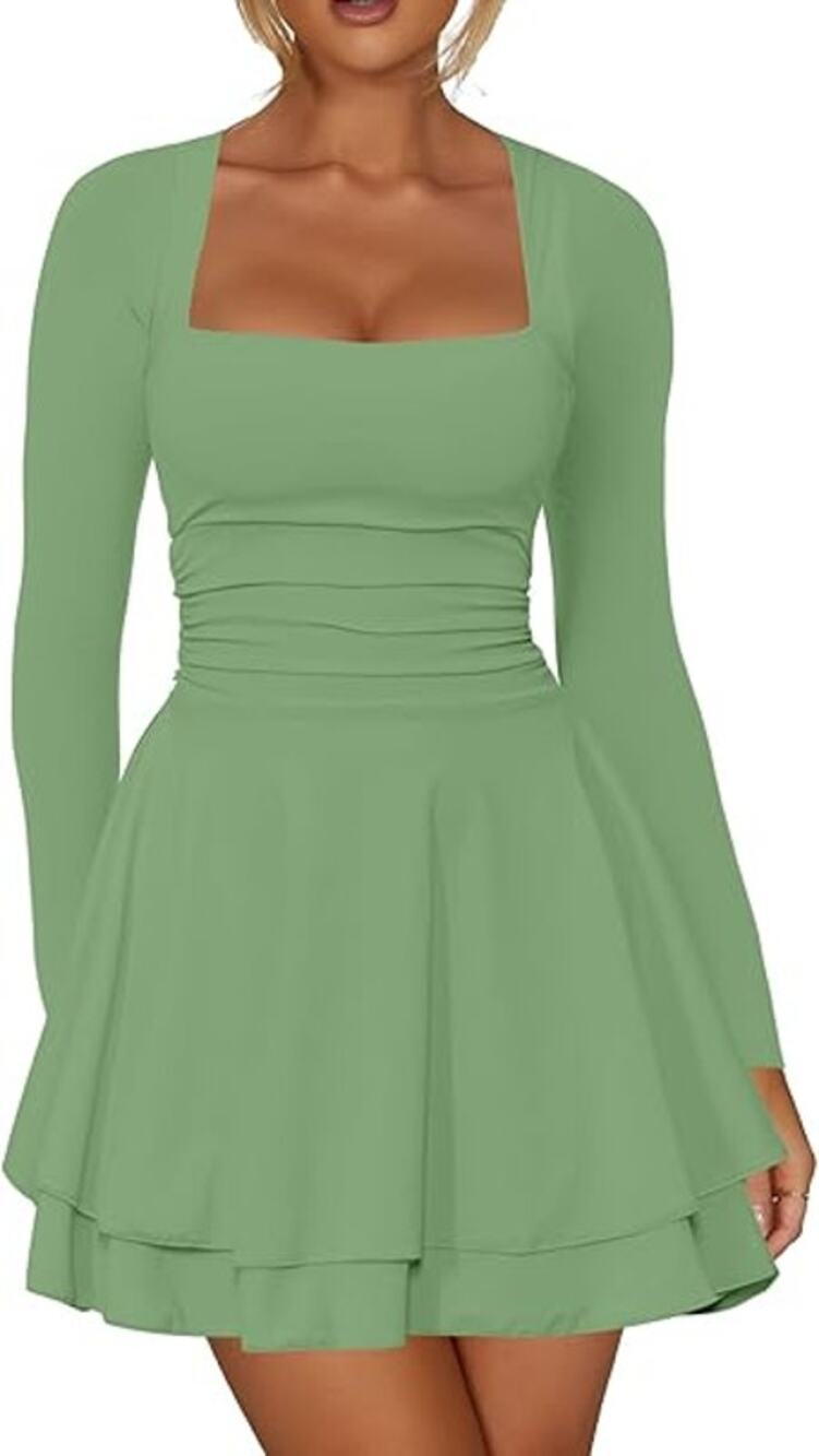 NWOT Kaximil Pea Green Square Neck Ruffled Mini Dress Women's Size Medium